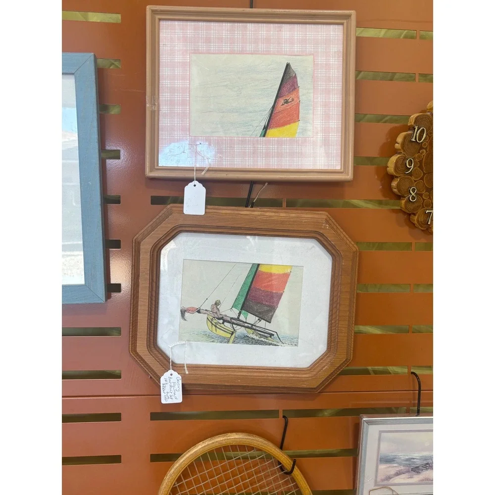 Vintage Framed Sailboat Art Set Hobie Cat Catamaran Nautical Decor 2 Pieces